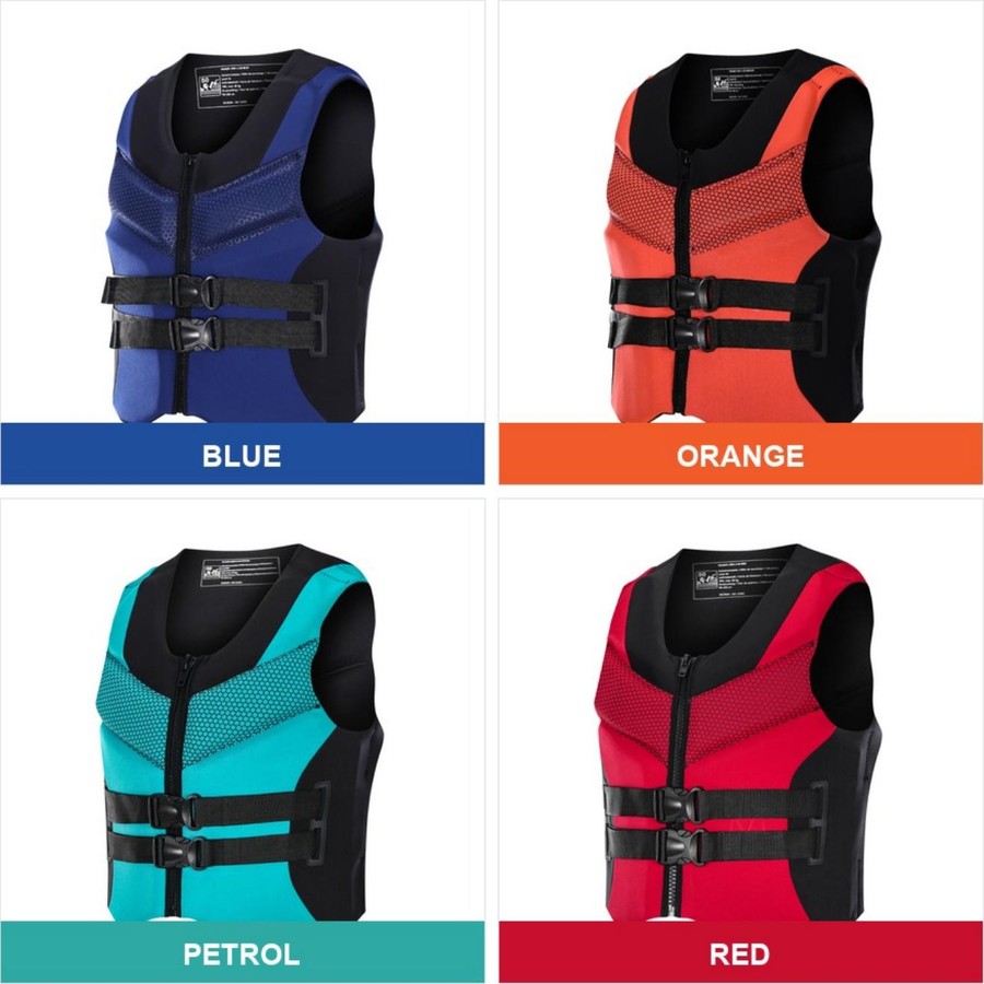 Foam life jacket range — blue, orange, petrol and red