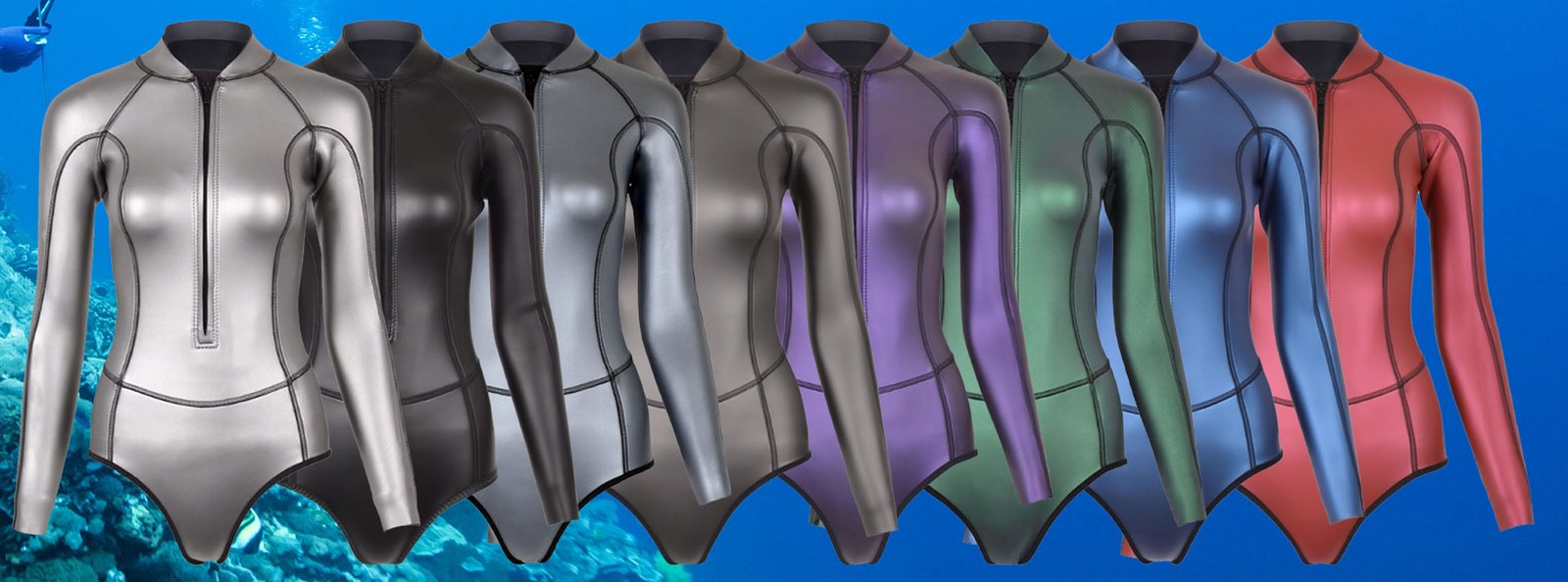 Slipskin freediving wetsuits in eight standard colourways